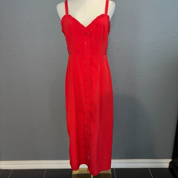TOPSHOP RED BUTTON UP MAXI DRESS - RUFFLE TRIM - SPAGHETTI STRAPS - EUC - SIZE 6 - Picture 1 of 12